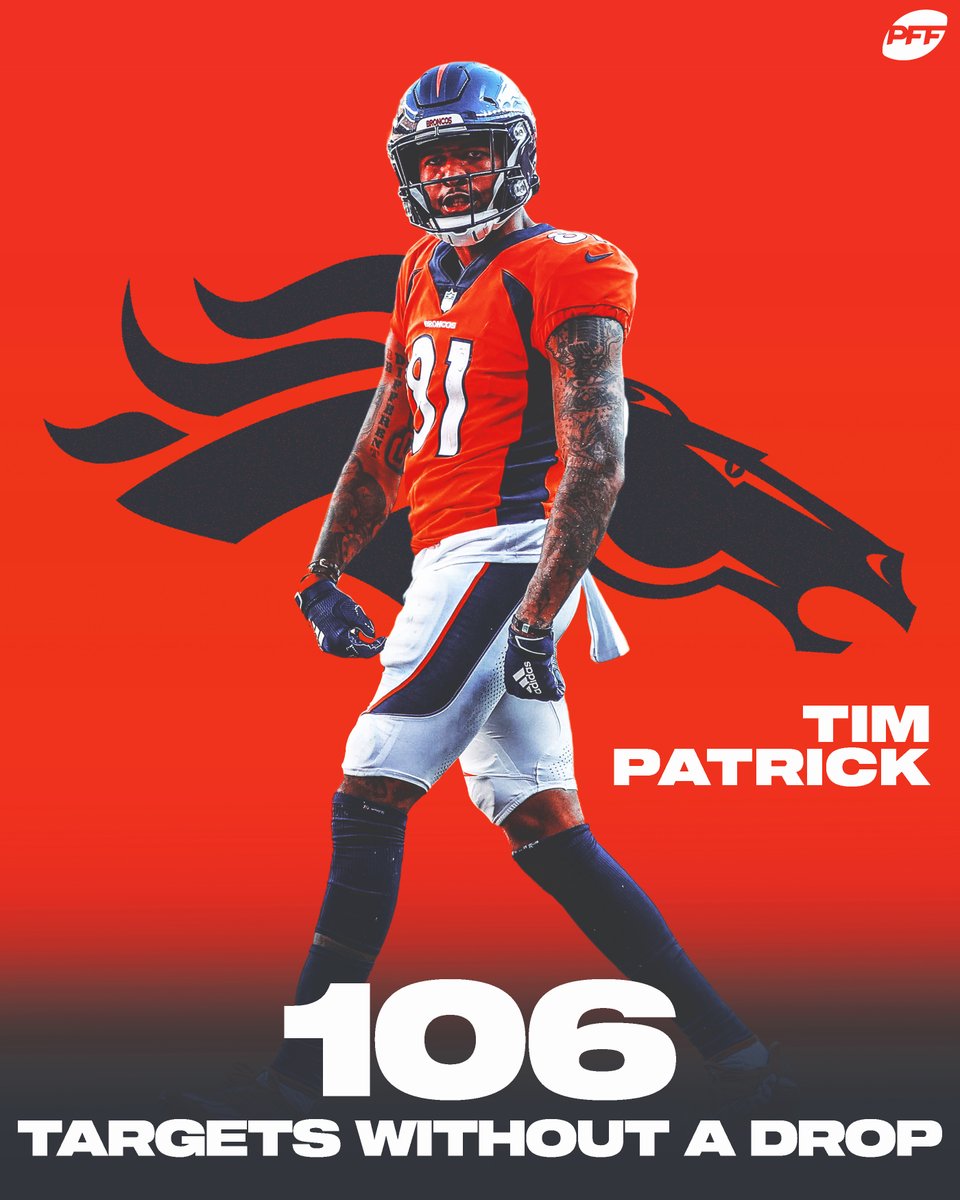 PFF_Fantasy's tweet photo. Tim Patrick has not dropped a pass since Week 13 of 2019 😳 https://t.co/7mEE1tHDuS