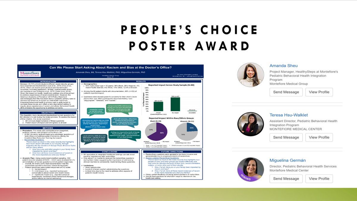 DreamIpc's tweet photo. Congratulations Amanda Sheu, @drteresahsu, and @MGermanPhD! Their poster "Can We Please Start Asking About Racism and Bias at the Doctor's Office?" won our People's Choice Poster Award. Thank you for this meaningful contribution! You can still check out posters on Whova, stop by! https://t.co/sOS5I0xH4g