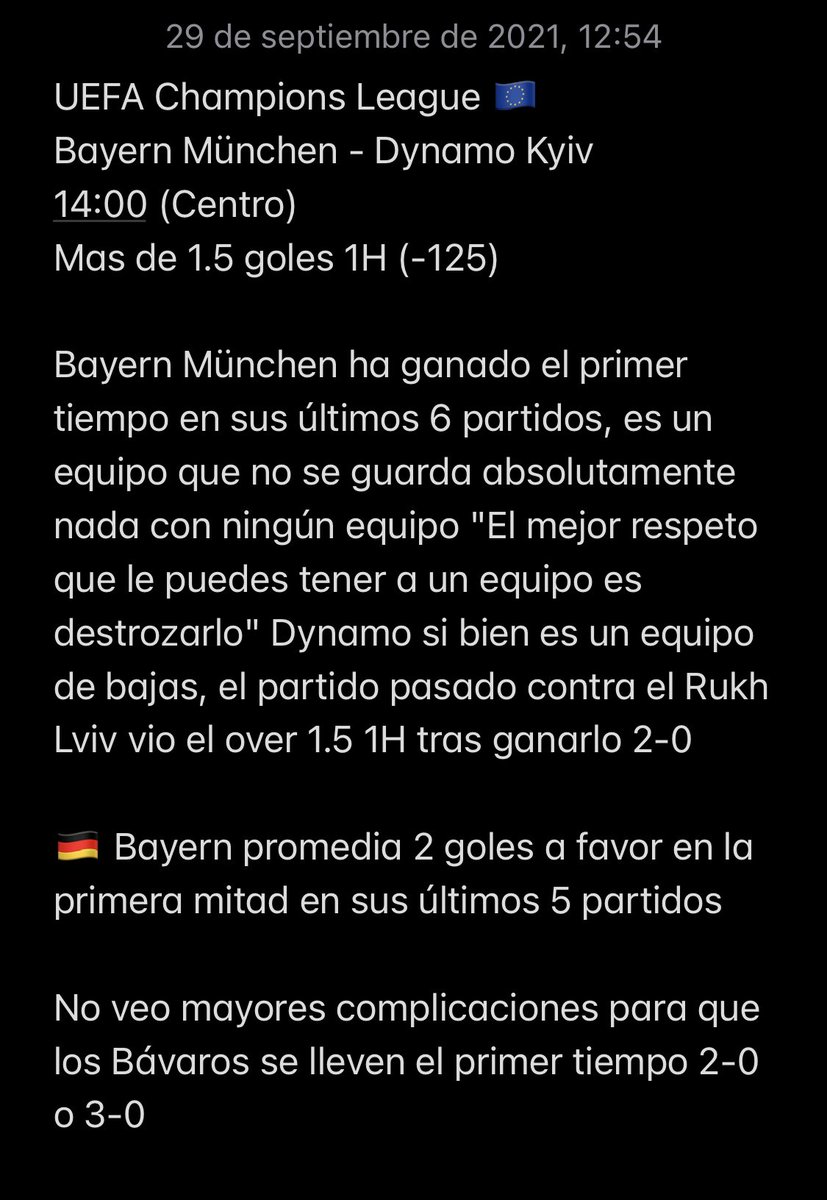 #FreePick I UCL 🇪🇺

Bayern München 🆚 Dynamo Kyiv

🧾 Más de 1.5 goles 1H (-125)

¿Me sigues? Deja tu Like Y RT 🔁❤️

#GamblingTwitter #DinoPicks🦖