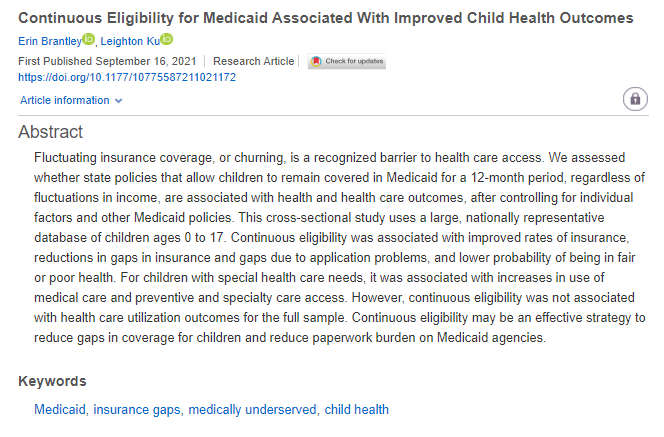 Check out MCRR's newest article, 'Continuous Eligibility for Medicaid Associated With Improved Child Health Outcomes'! You can read it now at journals.sagepub.com/doi/full/10.11…!