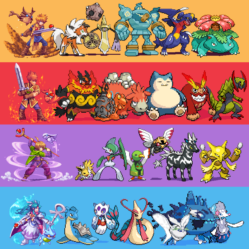 Dangelman Golden Sun X Pokemon Part 1 5 Art By Ahruon Isaac Garet Ivan And Mia As Trainers First Of Each Row From Left To Right Is The Ace Of The