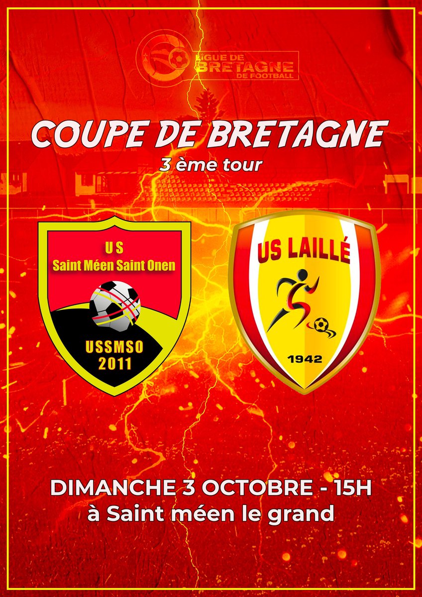 ussmso's tweet image. [COUPE DE BRETAGNE]

🏆 3ème tour de la coupe de Bretagne :

📆: Dimanche 3 Octobre  
🆚: US Laillé (R2)
⏱: 15h00
🏟: Saint Meen   

Venez nombreux encourager nos joueurs  !! 💪🔴