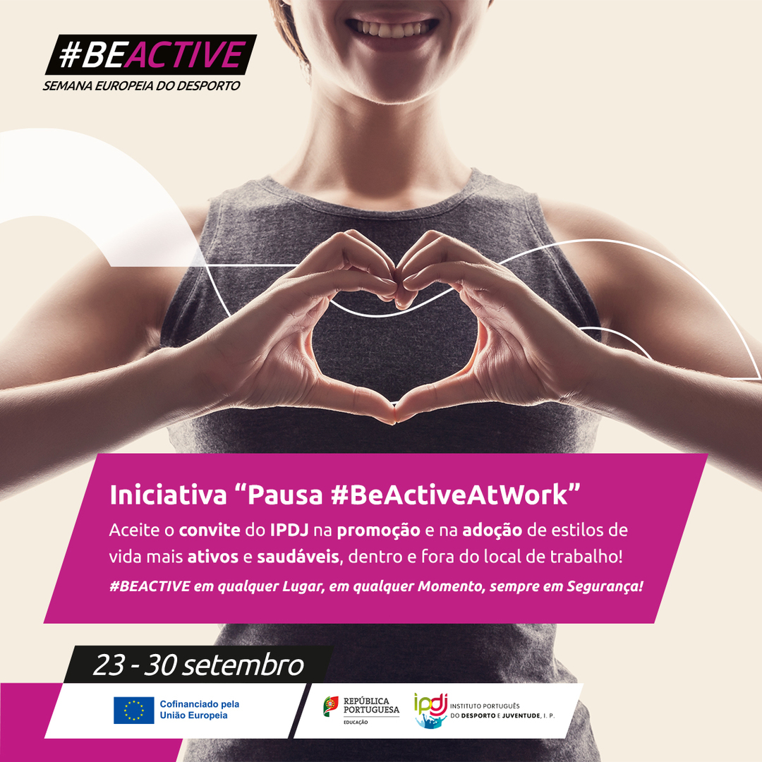 IPDJ_IP's tweet photo. No âmbito da comemoração da 7ª edição da Semana Europeia do Desporto, o Instituto Português do Desporto e Juventude, I.P. (IPDJ) tem o prazer de apresentar a iniciativa “Pausa #BeActiveAtWork”! 😉
#BEACTIVE #desportoparatodos #ipdj #sed #semanadesportiva #uniaoeuropeia https://t.co/fIVbQR8BAU