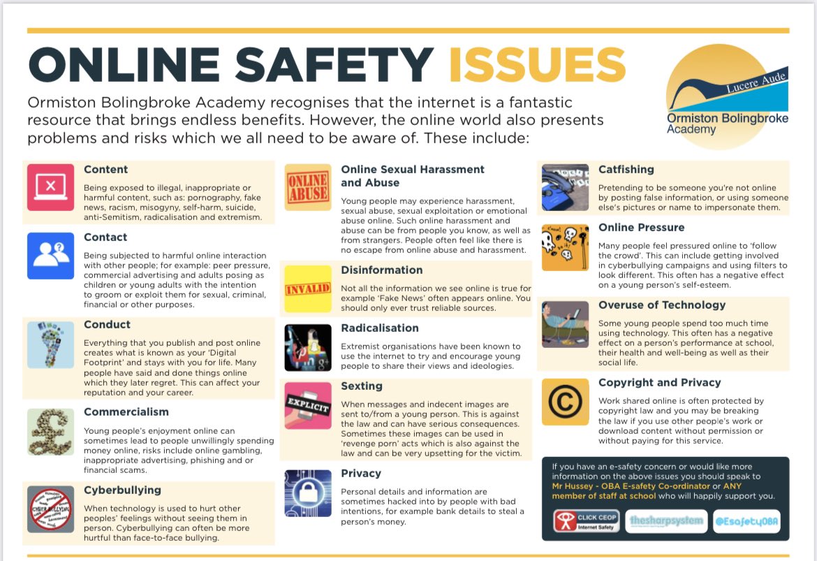 EsafetyOBA's tweet photo. New #onlinesafety info posters here at @OBAcademy #onlinesafety #issues #awareness #reporting https://t.co/PoB3C1wjlq