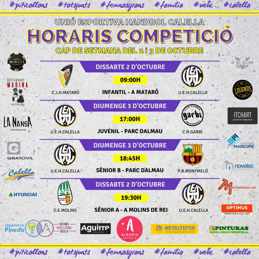 UEHCalella's tweet photo. 📆 HORARI CAP DE SETMANA

Els equips infantil, juvenil i sènior B inicien competició oficial aquest cap de setmana💪🏻💪🏻

El primer equip visita al Molins dissabte a la tarda!

Molta sort a tothom!💜💛

#piticollons #totsjunts #femnosgrans #familia #uehc #lilaigroc #uehcalella https://t.co/IiRXXftVIS