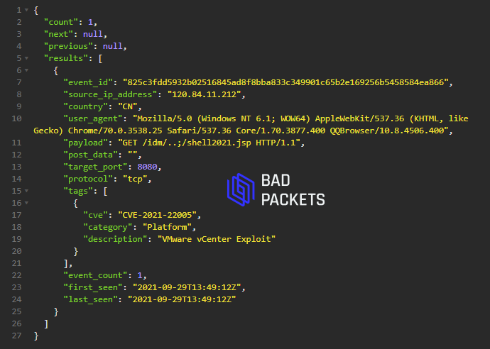 CVE-2021-22005 exploit activity detected from the following hosts targeting our VMware vCenter honeypots:

196.189.242.153 (🇪🇹)
196.191.251.19 (🇪🇹)
120.84.11.212 (🇨🇳)

Query our API for "tags=CVE-2021-22005" for full payload and other relevant indicators. #threatintel