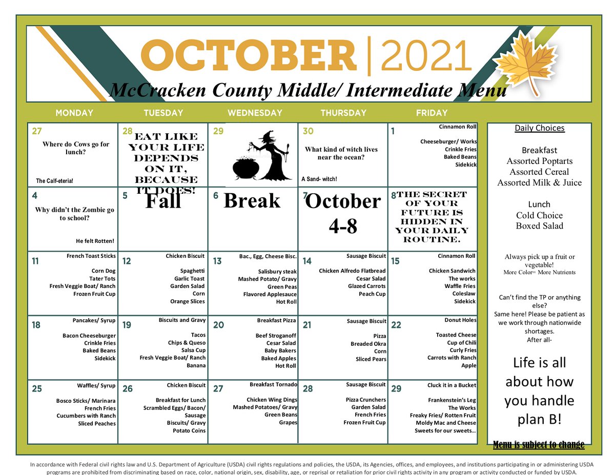 MCPSchools's tweet image. October Breakfast &amp;amp; Lunch Menus