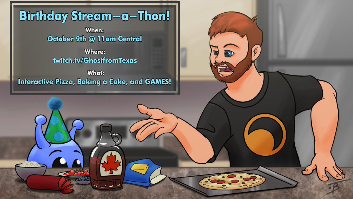 GhostPlaysDead's tweet photo. 🎂 The 2021 Birthday Stream-A-Thon Is Upon Us! 🎈

🍕 The interactive pizza portion of the show with my family is going to be ROUGH!

🤢 Bean Boozled Jelly Beans, marshmallows, habaneros, and about 17 more ingredients...

🖼 by @Tumblebuck! https://t.co/WySbIFyGwh