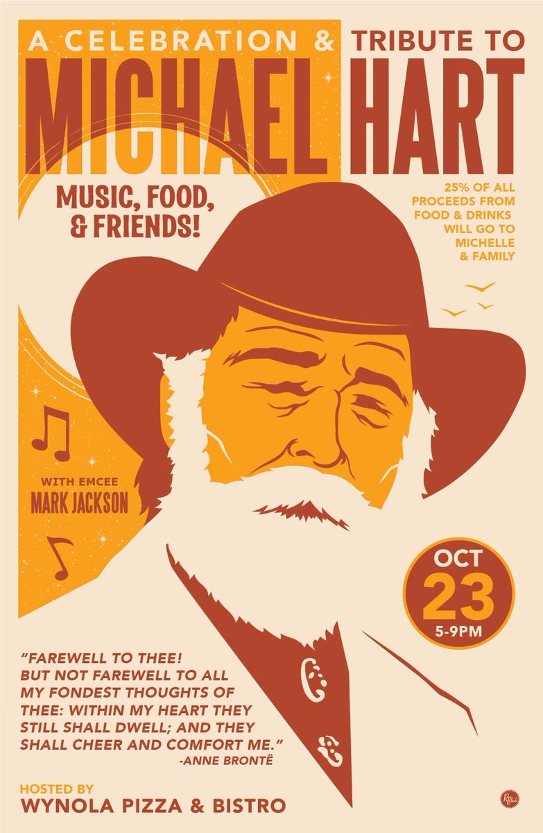WynolaB's tweet photo. On October 23rd Wynola Pizza and Bistro will be hosting a Musical Tribute Bash in tribute of Michael Hart.

Date: October 23, 2021
Time: 5 PM - 9 PM
25% of all food and drinks will go to Michael's wife Michelle &amp; his family! https://t.co/IMU4qb3VGK
