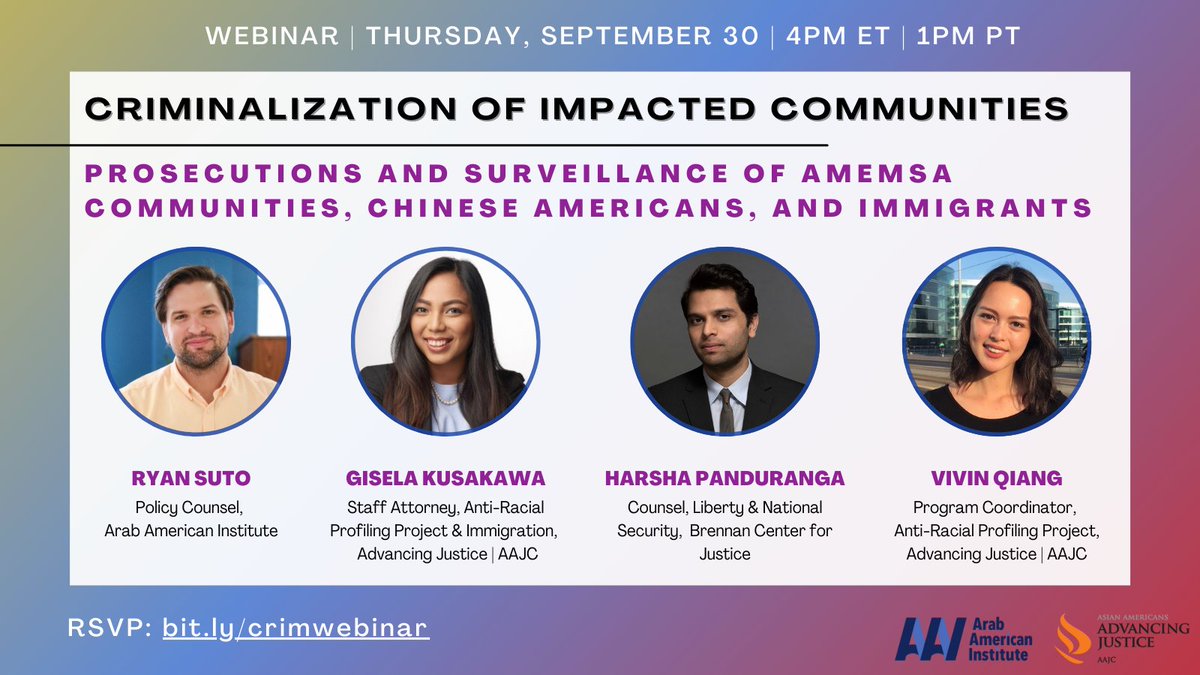AAIUSA's tweet photo. Join us at 4pm ET tomorrow for a webinar led by @AAIUSA &amp; @AAAJ_AAJC on the criminalization of impacted communities, focusing on the surveillance and profiling of Arabs, Muslims, &amp; South Asian communities post-9/11 &amp; of Chinese Americans &amp; immigrants under the “China Initiative” https://t.co/ADELZ6AhFE