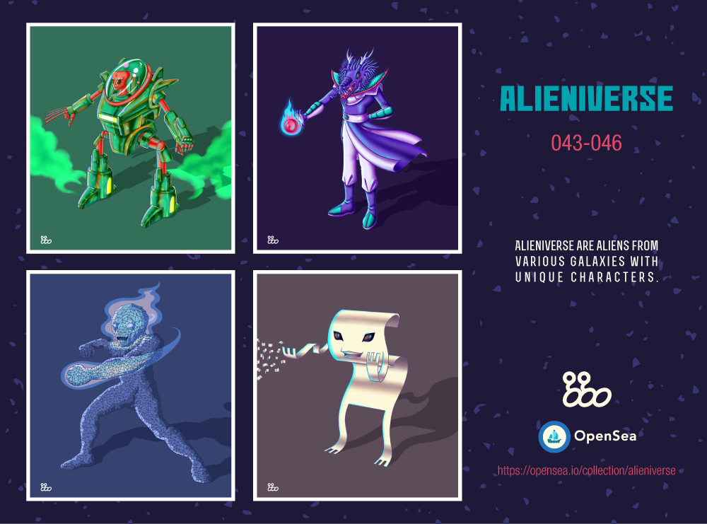 I just launch this 4 items no. 043-046 on opensea.
0.01 ETH
1.Green killer
2.Draco
3.The comet
4.The paper
Let's check out on this link below.
#nftthai #nftart #nftartist #nftcollector #nftcollection #nftcommunitity #character #alieniverse
opensea.io/collection/ali…
