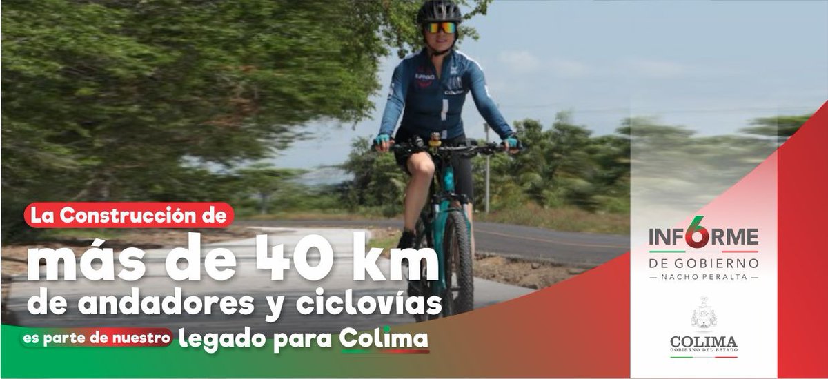 SEIDURColima's tweet photo. Con la construcción de más de 40 kilómetros de andadores y ciclovías en el estado, en estos seis años de gobierno consolidamos infraestructura más segura para peatones y ciclistas, además de promover alternativas de transporte más amigables con nuestro medio ambiente.
#6toInforme https://t.co/28yxyuLabu