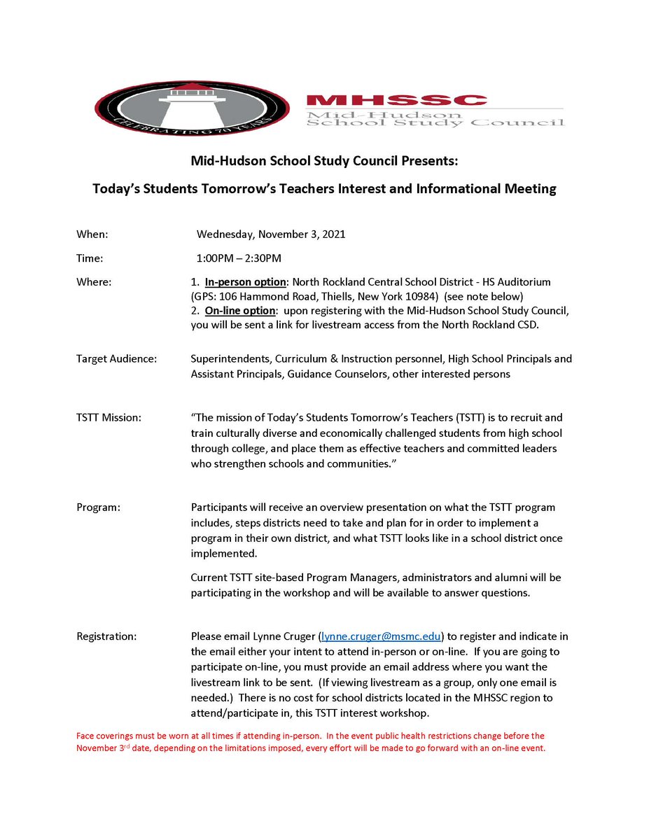TSTTHQ's tweet photo. Join TSTT and the Mid-Hudson School Study Council for an Interest and Informational meeting on Wednesday, November 3, 2021. https://t.co/A2E8Rm9tAJ