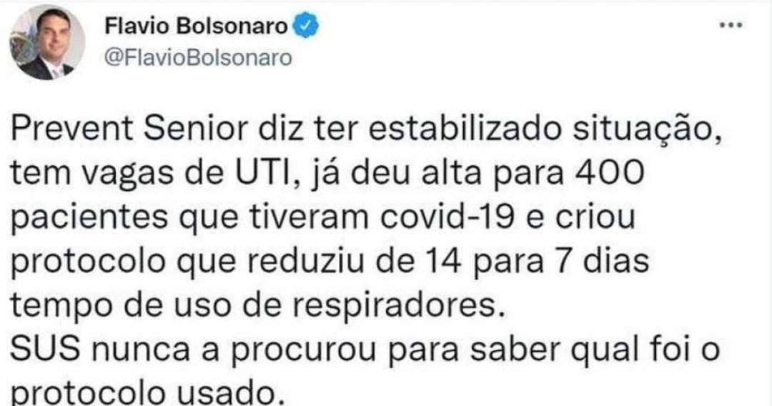 MarceloFreixo's tweet photo. Flávio Bolsonaro quer esconder esse tuíte sobre a Prevent Senior. Já sabem o que fazer, né? https://t.co/1KMLZwPKWr