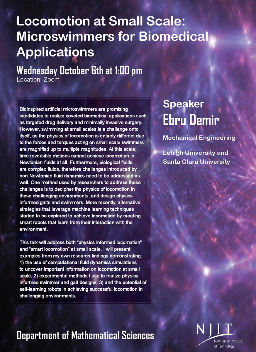 NJIT Math Department (@njit_math) on Twitter photo Prof Ebru Demir of Lehigh University and Santa Clara University is talking today at our Mathematical Biology Seminar on "Microswimmers for Biomedical Applications." Today's talk will be held over Zoom. Contact us for the meeting link. <a href="/CSLANJIT/">Jordan Hu College of Science & Liberal Arts</a> Prof Ebru Demir of Lehigh University and Santa Clara University is talking today at our Mathematical Biology Seminar on "Microswimmers for Biomedical Applications." Today's talk will be held over Zoom. Contact us for the meeting link. <a href="/CSLANJIT/">Jordan Hu College of Science & Liberal Arts</a>