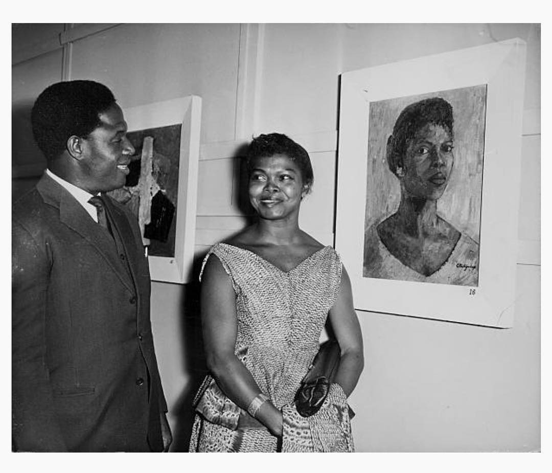 nigeriaoutside's tweet photo. August 1, 1958. London. Nigerian Artist Clara Etso Ugbodaga ( Etso Ugbodaga-Ngu), with her self portrait. To her left is Nigerian Federal Commissioner Mathew Mbu. Born in 1921, Clara earned a diploma from the Chelsea School of Art, London in 1954, and https://t.co/N9adF05E7I