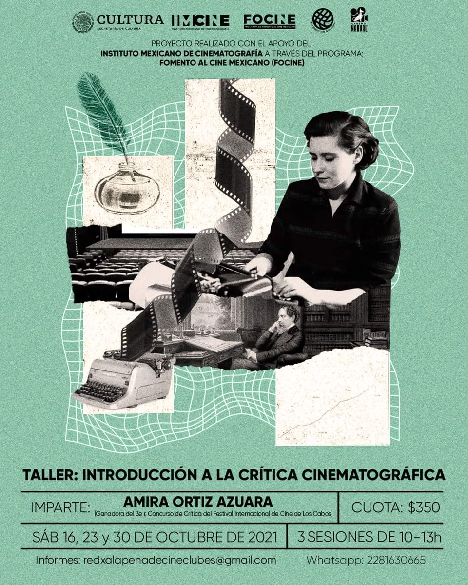 NUEVO TALLER PRONTO!!!🎥
Los sábados 16, 23 y 30 de octubre, en horario de 10 a 13 hrs de forma virtual, con un aporte de $350. 

Interesados enviar un correo a redxalapeñadecineclubes@gmail.com o WhatsApp al 2281630665. Inscripciones del 27 de septiembre al 15 de octubre.