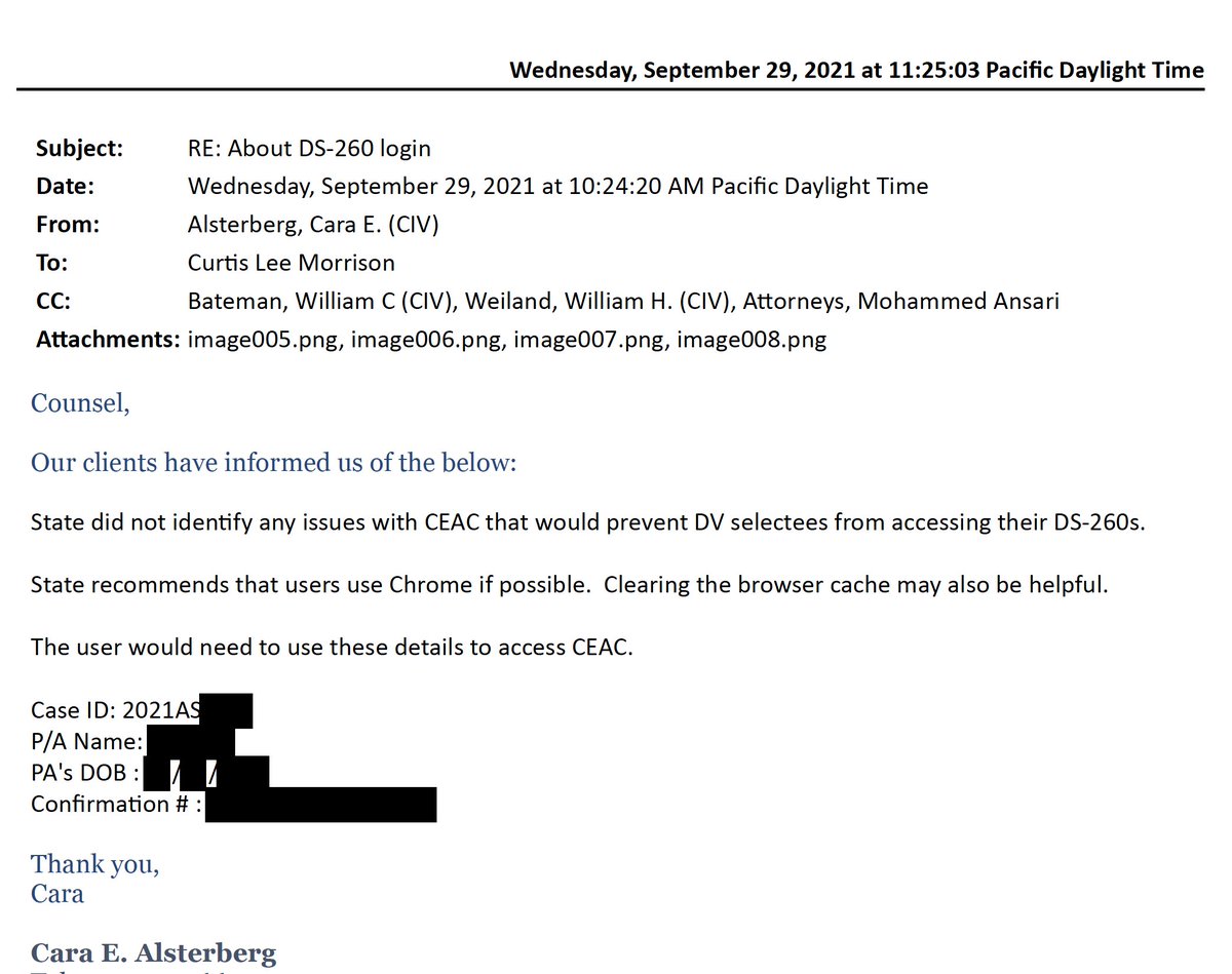 curtismorrison's tweet photo. Buried in inquiries from #DV2021 selectees who cannot access DS-260 applications to print out before they lose access Thursday. 
@TheJusticeDept Trial Attorney @cariealsty tells me @TravelGov recommends using Chrome &amp; cleaning browser cache. (As-if we haven't tried that.) https://t.co/Zf9jEqE6oZ