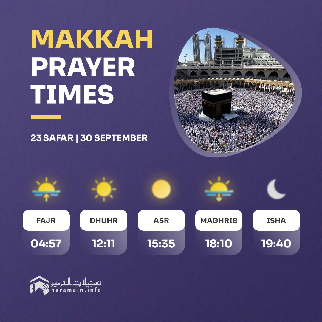 Haramineinfo's tweet photo. Daily Prayer Times in Haramain
• 23 Safar - 30 September
#haramaininfo https://t.co/epX3piO7c4 https://t.co/bl6phVrqTw
