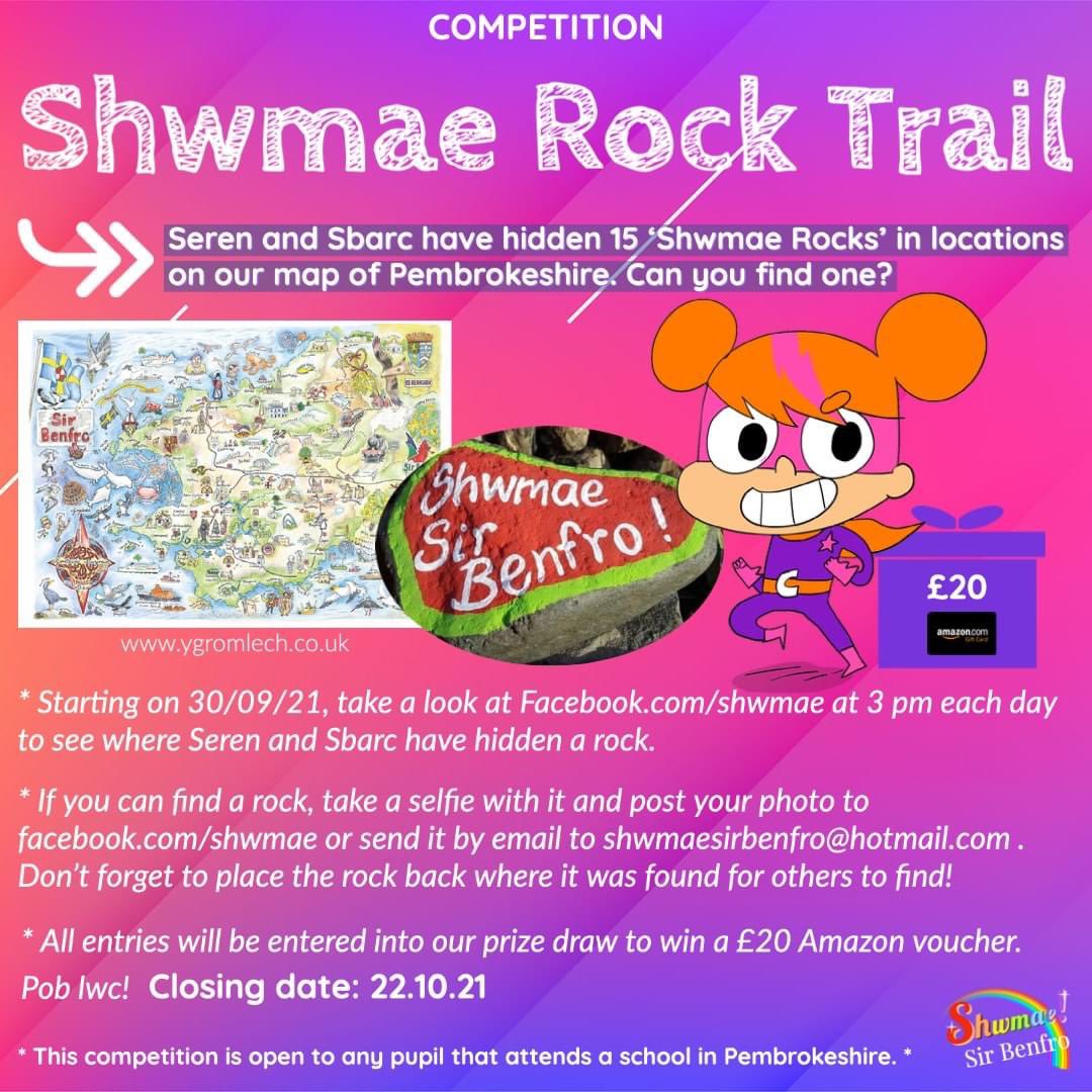 🦸🏻‍♂️🦸🏼‍♀️ <a href="/SerenaSbarc/">Seren A Sbarc - Siarter iaith</a> the Welsh language charter mascots, have a surprise for you.

🤩 To celebrate Shwmae Day on October 15th, they're hiding 15 rocks for you to discover fantastic locations around <a href="/Pembrokeshire/">PembrokeshireCC</a> 

🏆 Take a look at the competition details below #shwmaerocks 🤘🏼
