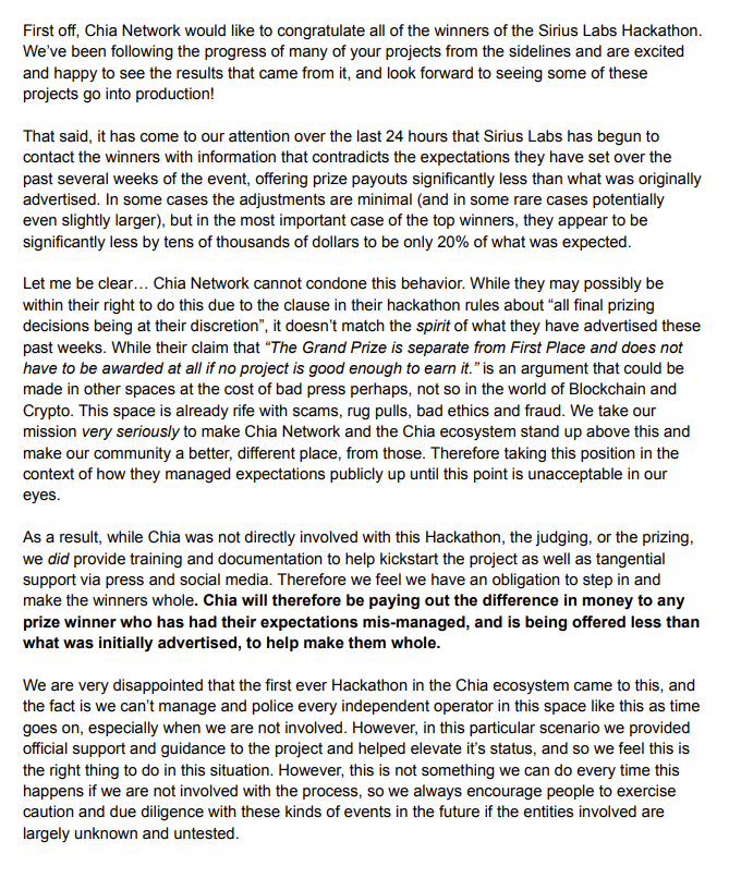 chia_project's tweet photo. Chia's official statement on the current Sirius Labs Hackathon prize pool situation: https://t.co/cTo2lnxoc4