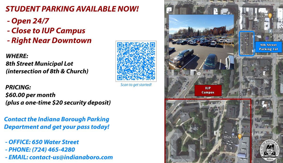 Sponsored Post: 
Looking for cheap parking? @IndianaBorough has parking less than 2 blocks from the HUB for just $60/month! Scan the QR code below to inquire.