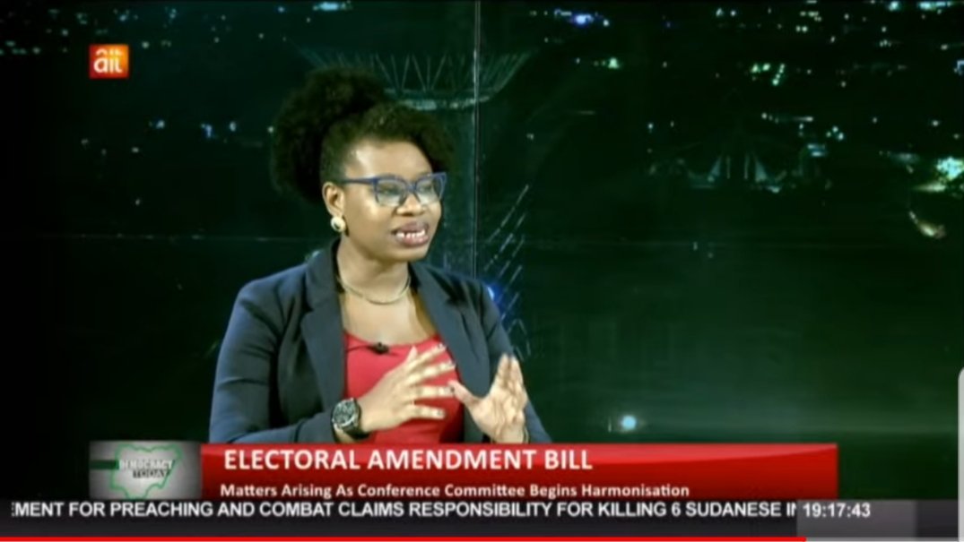 YIAGA's tweet photo. The position of the lawmakers who voted for electronic transmission of results subject to NCC recommendation is from a place of misconception, because you cannot make the Constitution which establishes INEC subject to a statute ~ @DCynthiaM on @AIT_Online
#FixElections https://t.co/RQ5eEUJ8DB