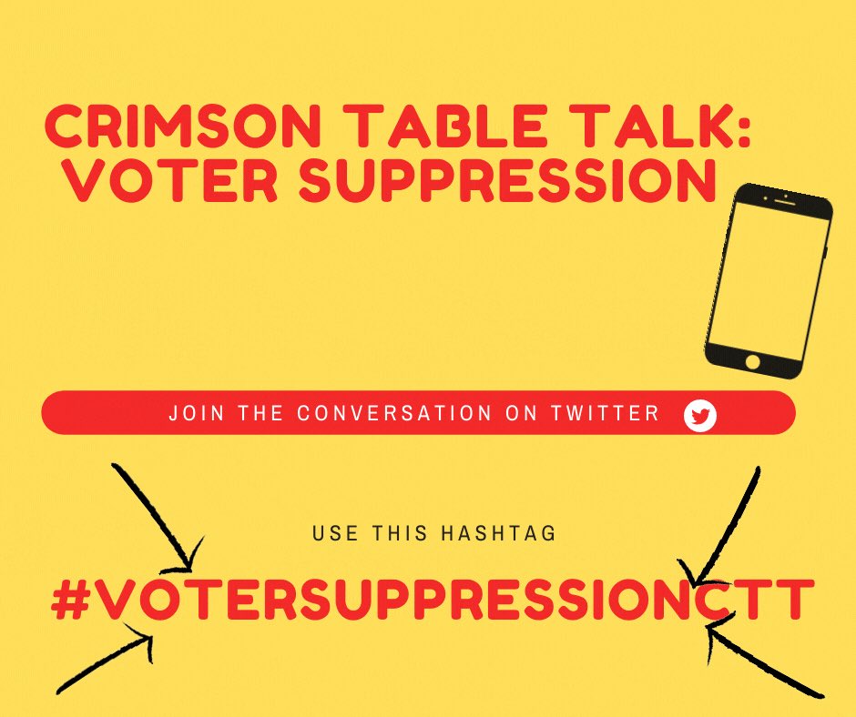 To join the conversation as audience members join the hashtag #VOTERSUPPRESSIONCTT . We would love to hear your opinions and experience throughout the conversation!! 

#VOTERSUPPRESSIONCTT #BackTheVote