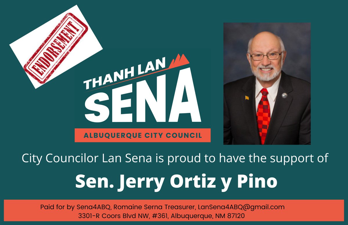 Sen. Ortiz y Pino has a record of standing up for community values. Grateful to have him on #TeamSena! #ABQ