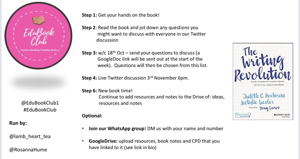 After a TAG and summer hiatus, <a href="/EduBookClub1/">EduBookClub</a> is BACK!

We’ll be discussing the book we started last summer, ‘The Writing Revolution’ <a href="/TheWritingRevol/">The Writing Revolution</a> @JudithCHochman live on Twitter in 3rd November!

We can’t wait to discuss this amazing book!