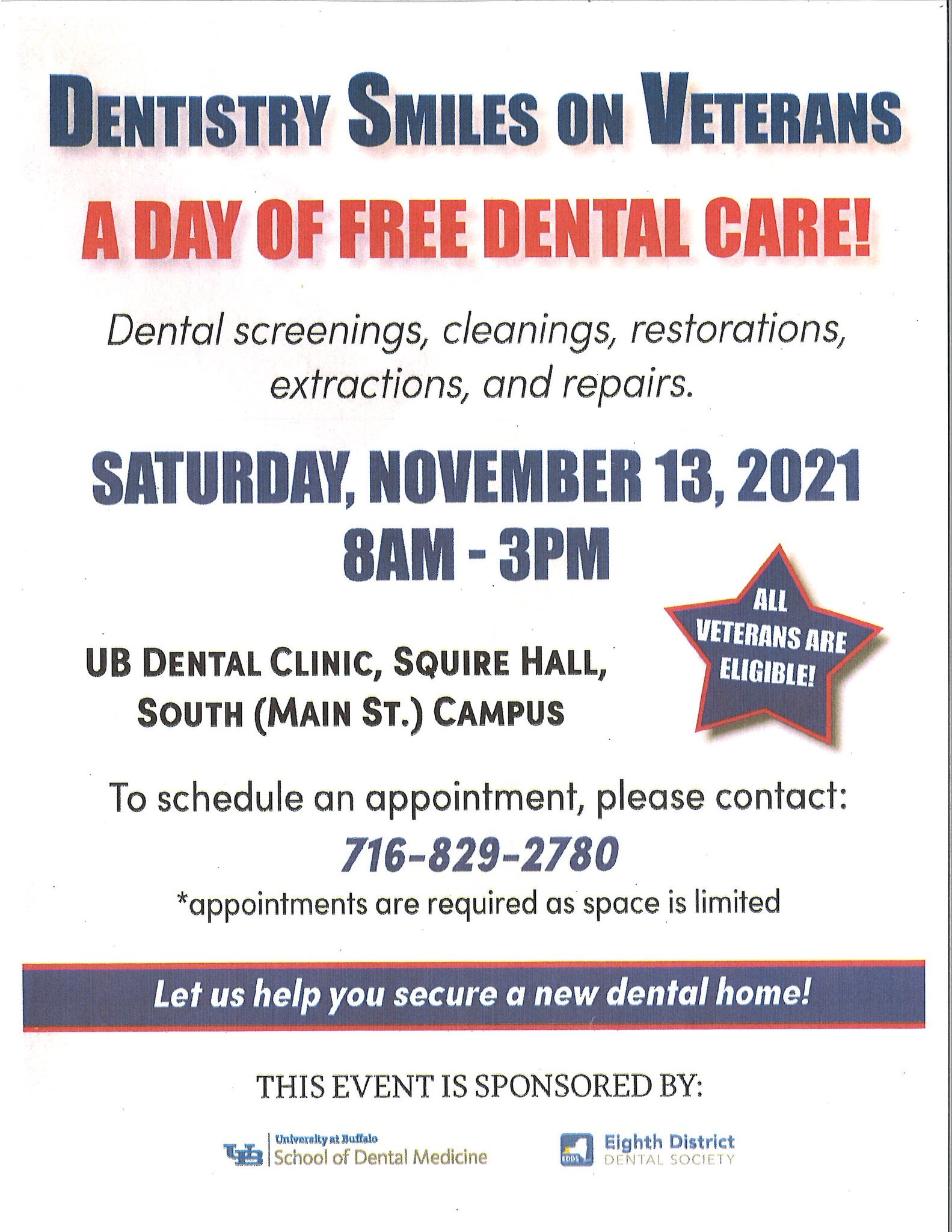 Erie County Clerk Mickey Kearns on X: "Something to smile about: Dentistry  Smiles on #Veterans is offering FREE DENTAL CARE on Sat, November 13th  @UBuffalo Dental Clinic. All Vets are eligible for