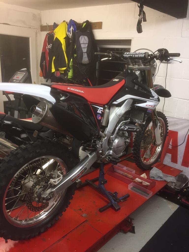 DmdBike's tweet photo. this beautifully clean Honda CRF came in for a quick service, I seem to be working on more bikes than riding them these days but the weathers not for bikes today up north #grimupnorth https://t.co/8boS6C6ML2