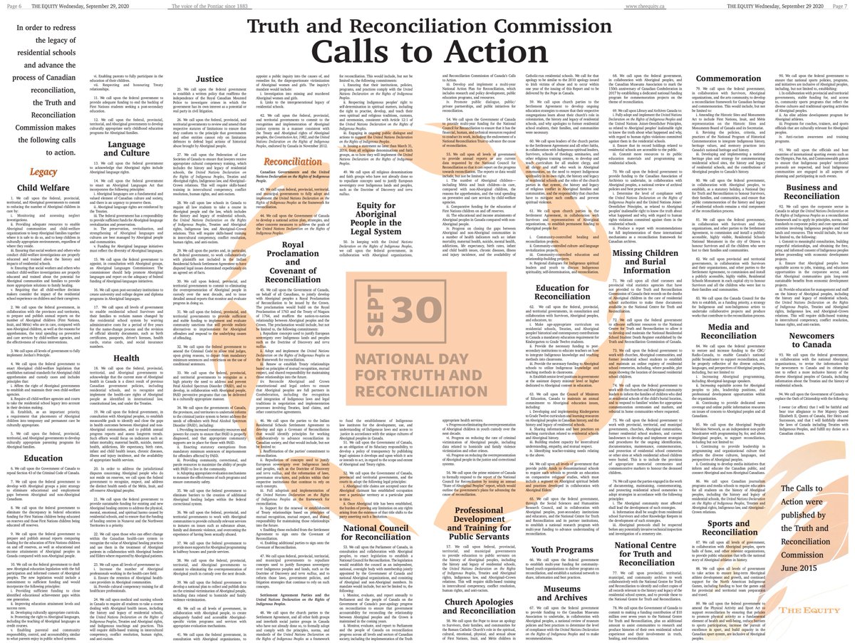 In order to recognize and highlight Truth and Reconciliation Day on Sept. 30, The Equity published The Truth and Reconciliation Commission's 94 Calls to Action in this week's paper. A digital version is posted here. #truthandreconciliationday