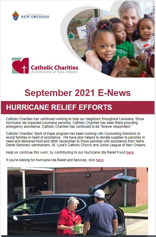 cathcharitiesNO's tweet photo. Our September  e-newsletter is waiting in your inbox! 

Check it out  for stories about Hurricane Ida Relief Efforts, Refugee Services, the AHCA &amp; more! 

While you’re there, sign up to receive future news and updates on all things CCANO: https://t.co/I1TChUCovK #Followtheheart https://t.co/n8QwAqB6yv