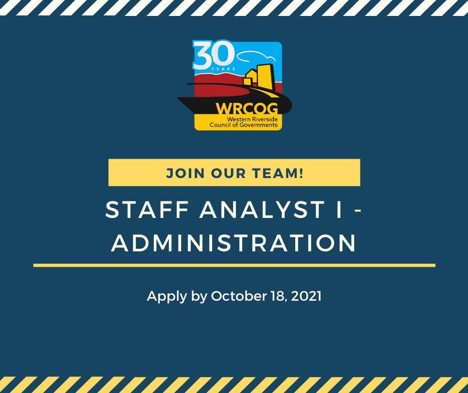 We are #hiring! Check out the latest #jobopening at WRCOG and apply by October 18th. For more information: bit.ly/3uBlnvH #administration