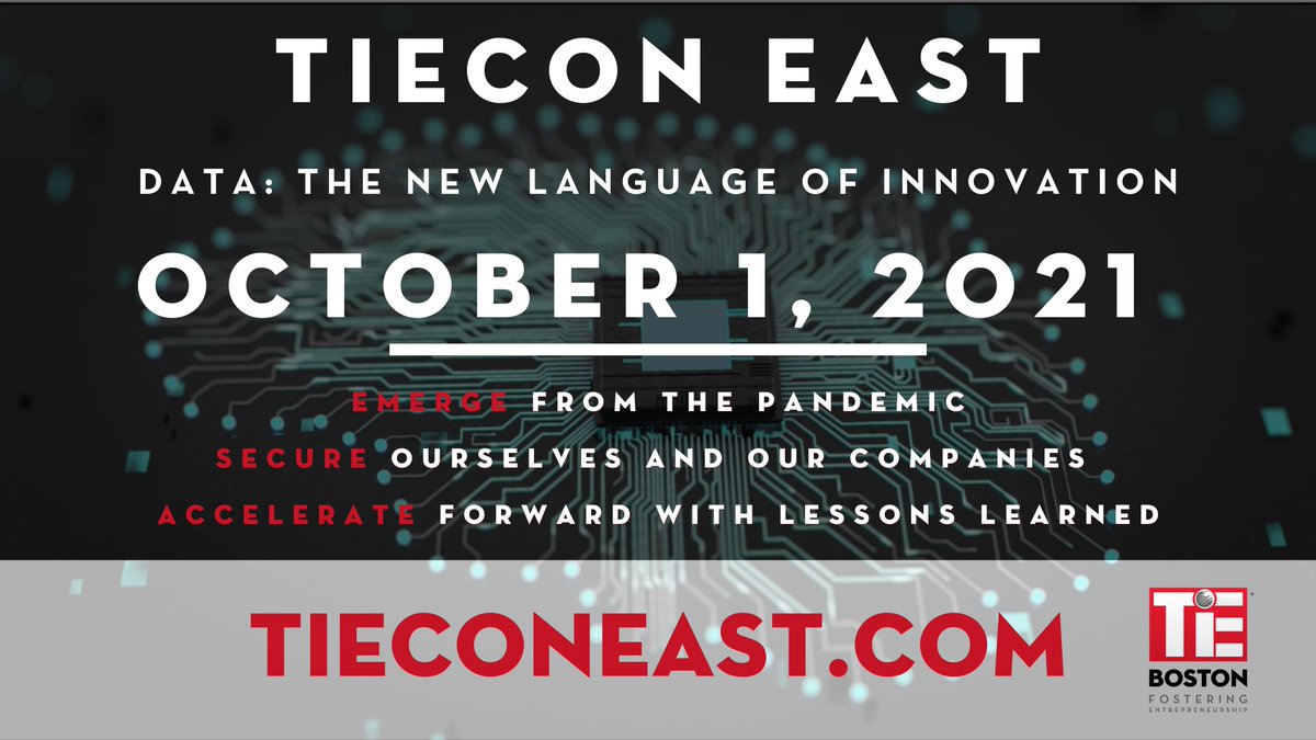 Join <a href="/tieboston/">TiE Boston</a> on Oct 1 for TiECON East 2021! The theme this year is "Data: The New Language of Innovation"

Get your ticket here: bit.ly/tieconeastbund…

#tiecon21 #innovation #data #tech #entrepreneurship #conference #emerge #secure #accelerate