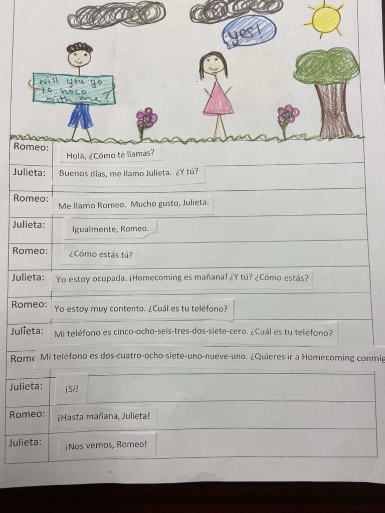 Today in Spanish 1, students had to put a conversation in order as practice for greetings and goodbyes. I melded my two worlds together, ELA and Spanish, by putting a twist on Romeo and Juliet. Spoiler: Romeo asks Julieta to homecoming and she says yes! 🤣 <a href="/GoBucsSJHS/">Southside Jr. High</a>