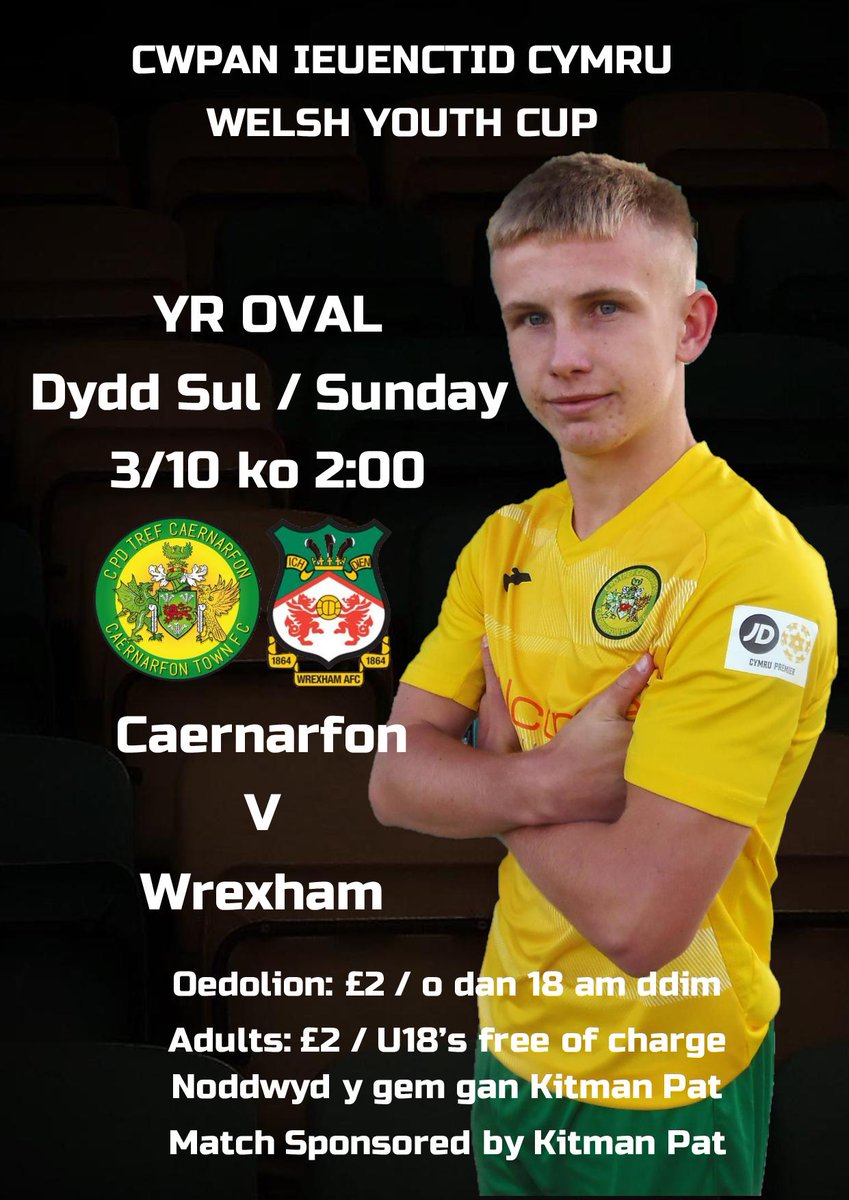 Gem enfawr i'r tim ieuenctid dydd sul yma. Yn yr Oval am 2 o'r gloch! <a href="/CfonTownAcademy/">Caernarfon Town Academy</a> 💛💚Noddwyd y gem gan <a href="/KitmanPat/">Pat Frost</a>