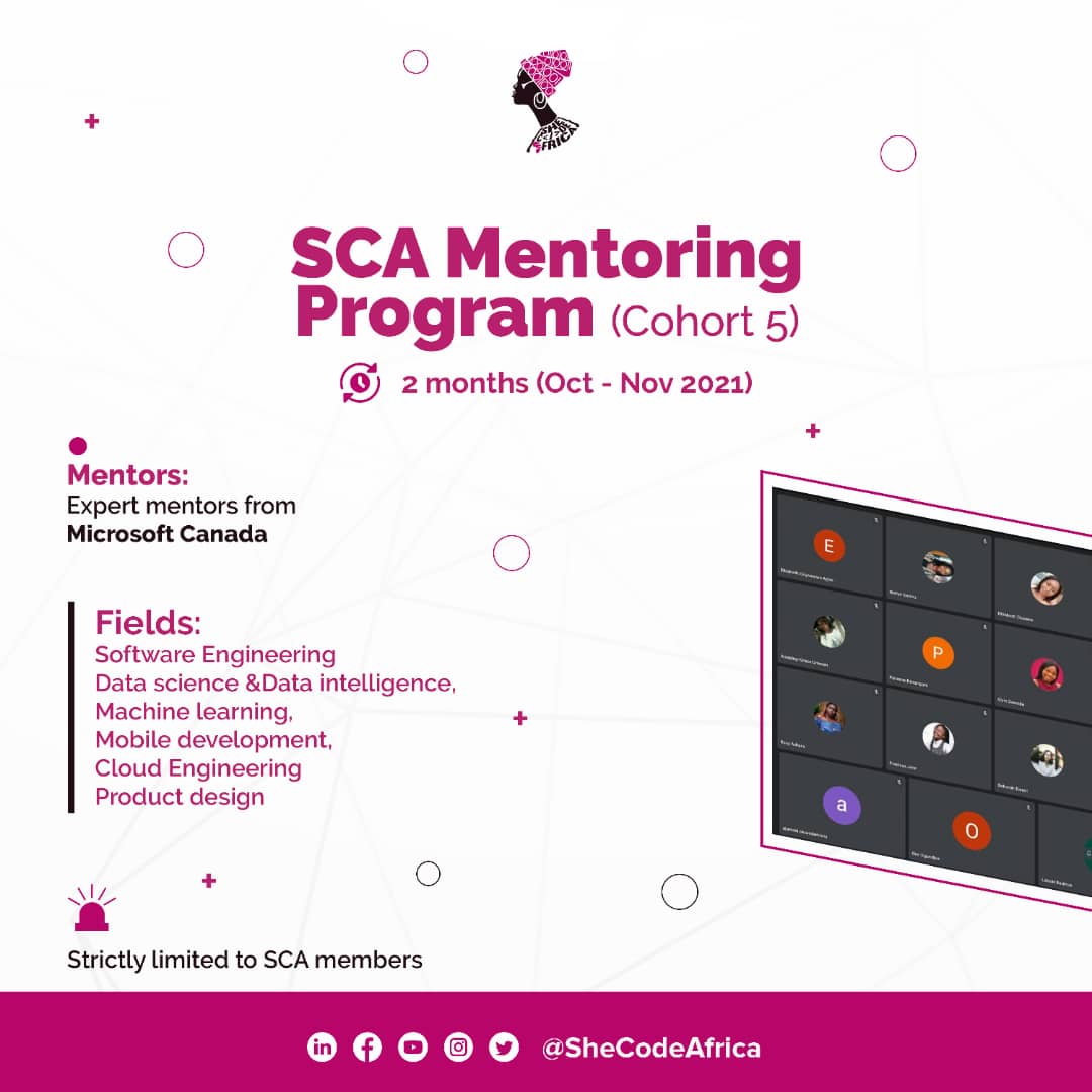 SheCodeAfrica's tweet photo. Congratulations to the 24 ladies who made it into the 5th cohort of #SCAmentoringProgram 👏👏

Still on the vibes of #SCAat5, we kicked off a lite version of our mentoring program which would last a period of 2 months instead of the usual 3 months. https://t.co/qRrNGAVF6w