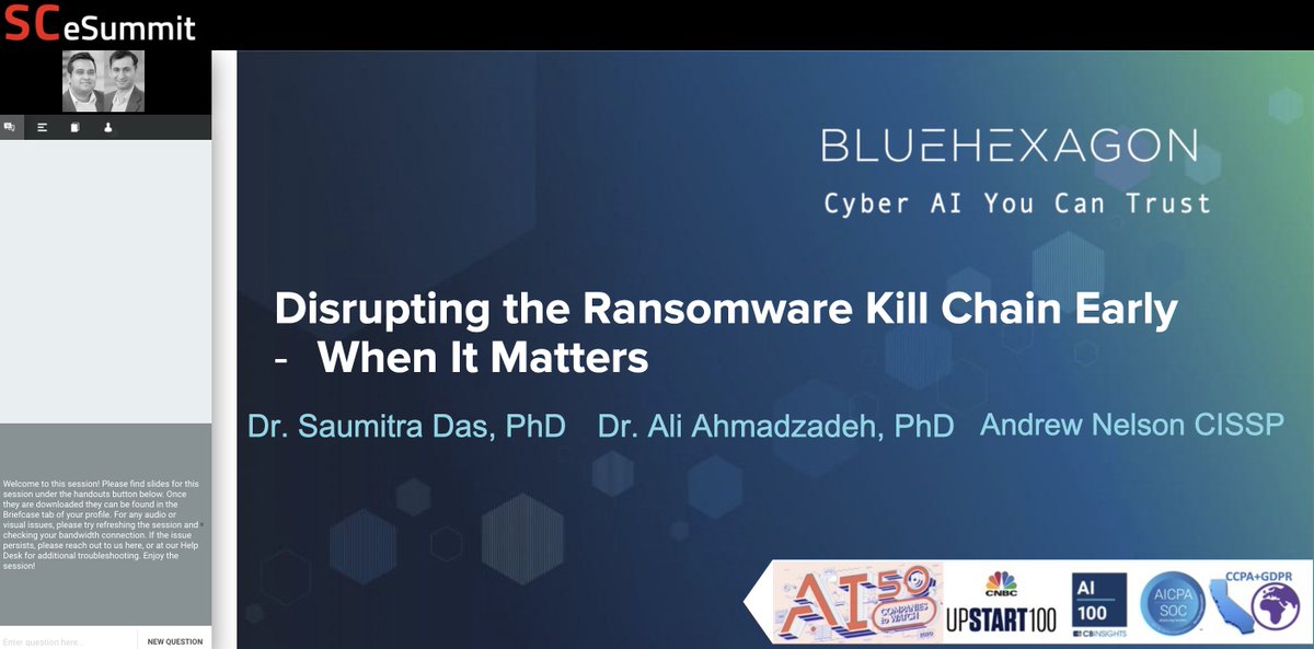 Blue Hexagon (@bluehexagonai) on Twitter photo 2021-09-29 19:02:11 Starting now! 'Disrupting the #ransomware #killchain early - when it matters' By @saumitramdas and team scmagazine.com/esummit/detect… Starting now! 'Disrupting the #ransomware #killchain early - when it matters' By @saumitramdas and team scmagazine.com/esummit/detect…