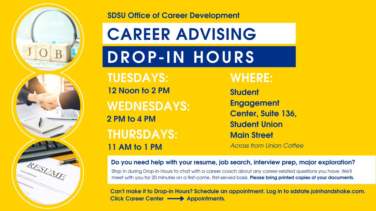 Career Advising Drop-in Hours are underway! Pop in to have your resume reviewed or chat about any career-related question you have. We're in the Student Engagement Center, across from Union Coffee, in the Student Union. #hirejacks #sdstate #dropinhours #resume