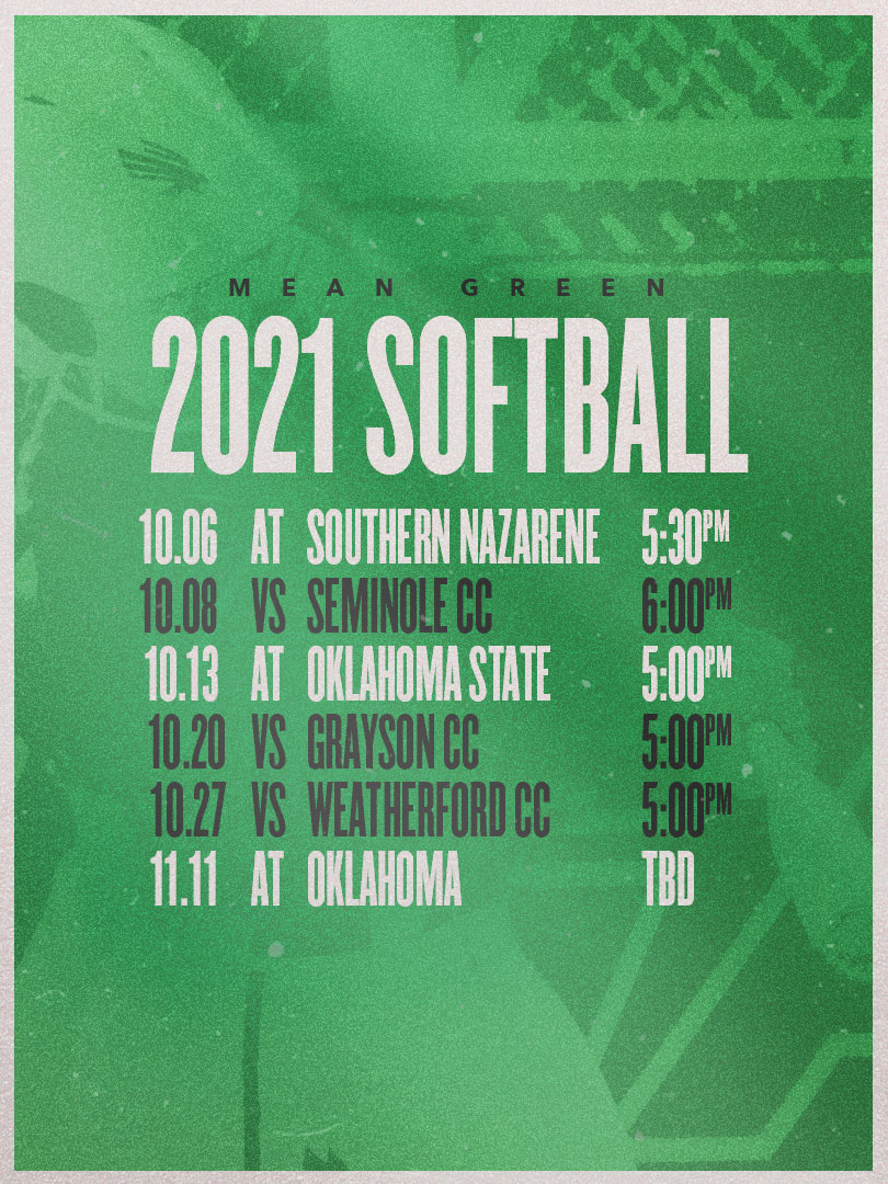 START THE COUNTDOWN There are seven days until fall ball begins for our Mean Green Softball team, and you can check out the rest of the schedule (home matchups are in gray below) and profiles of each team on deck at the website: bit.ly/3ii2Nno #MGSB | #GMG