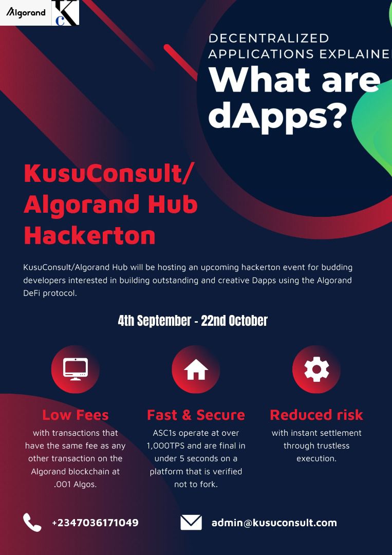 Titanbarry's tweet photo. Get ready for the @KusuConsult / @AlgoFoundation Hub Hackerthon.
Are a developer? Ready to build the next big project on #Algorand Blockchain?
Do have any inquiries or questions do well to reach out to @steviekusu.
#Algorand #developers #blockchain #hackethon #Nigeria https://t.co/6qxrP6bMLE