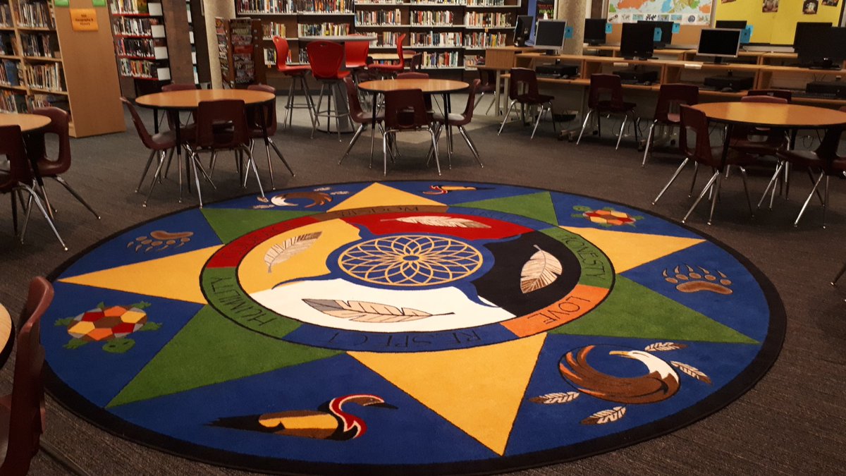 MCI_Library's tweet photo. Our "Spirit of Truth" Indigenous carpet is loved by students and teachers: talking, learning, healing https://t.co/pBBBvWZ5tu