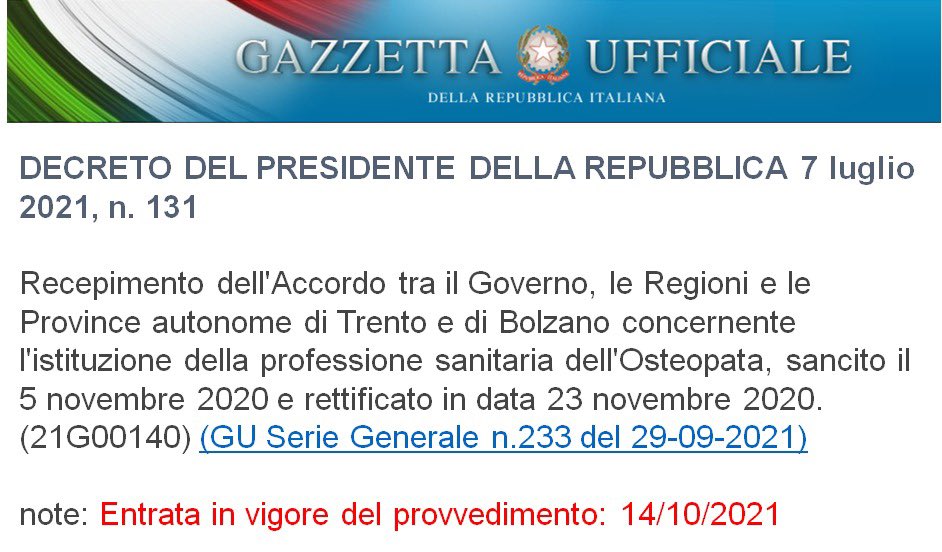 Il 29 settembre 2021 sarà per noi osteopati una data da ricordare. Con la pubblicazione in Gazzetta Ufficiale del nostro profilo professionale, si completa formalmente la prima tappa verso l'istituzione dell'#osteopatia come professione sanitaria.