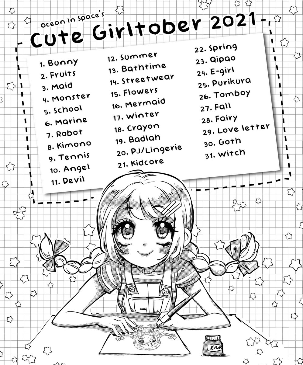 Cute Girltober 2021 starts in two days!! Here's the official prompts! GL all ♥️
#cutegirltober #cutegirltober2021 