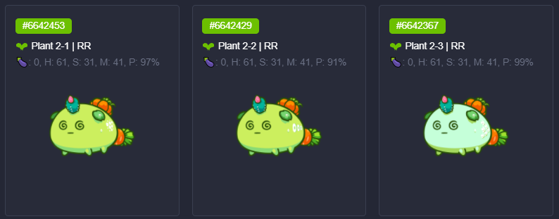 19Rich_'s tweet photo. Successful Plant breed! 99%, 97%, 91%. Sell 1, Keep 2 for rebreeding and start the cycle again. Which to sell though? #AxieInfinity #AxieBreed #AxieScholarship Possibly an exciting chat next week to optimise my system and integrate more scholars! @AxieInfinity https://t.co/d2SyQZ2gm1