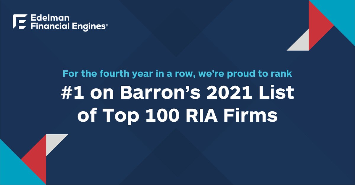 EdelmanFE's tweet photo. We have ranked #1 for @barronsonline 2021 Top 100 RIA Firms for the 4th time in a row. This is a tremendous honor that represents our dedication to providing top-tier financial planning and investment advice. Read more: https://t.co/lYzUXo8aSM #FromHereForward https://t.co/QqSIKxEGB6