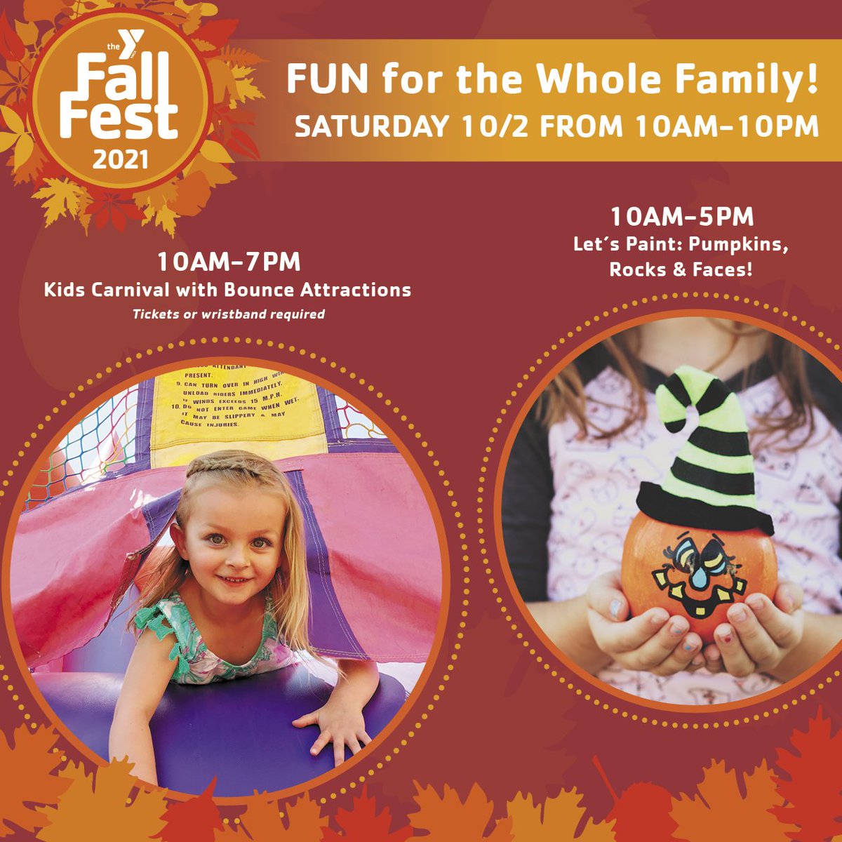 Join us this Saturday for Fall Fest 2021! Bring the kids and enjoy live music, delicious food, and great fun in the carnival area with bounce attractions, face painting, pumpkin painting, and rock painting.🍂🍁  #FallFest #KenoshaYMCA #Funforkids
bit.ly/3lB6SDS