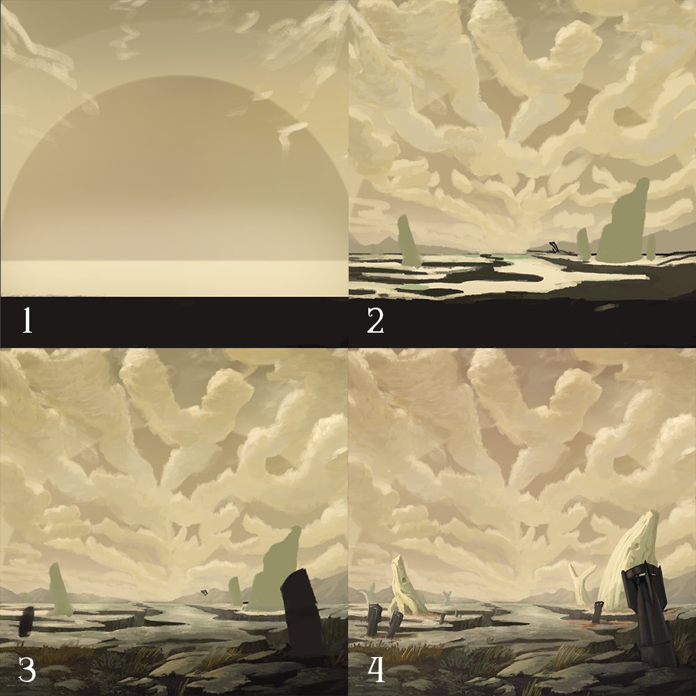 SurrealsNFT's tweet photo. We just hit 11k followers, so we're releasing some more art to thank you all. This was the process behind the "Dead Sea" background. Rusting torpedoes litter this landscape, along the petrified corpses of huge sea creatures. What on earth happened here? https://t.co/NvsulrJkLz